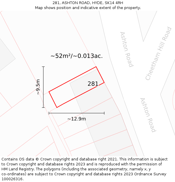 281, ASHTON ROAD, HYDE, SK14 4RH: Plot and title map