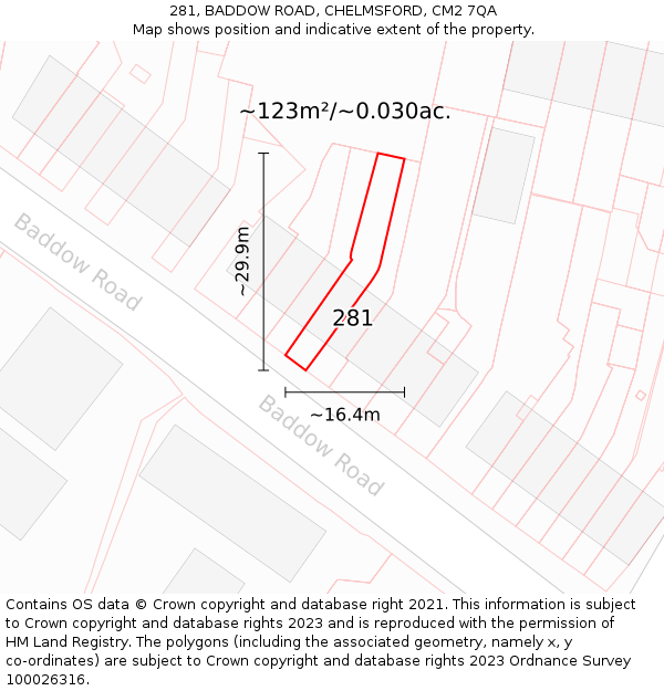 281, BADDOW ROAD, CHELMSFORD, CM2 7QA: Plot and title map