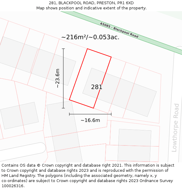 281, BLACKPOOL ROAD, PRESTON, PR1 6XD: Plot and title map
