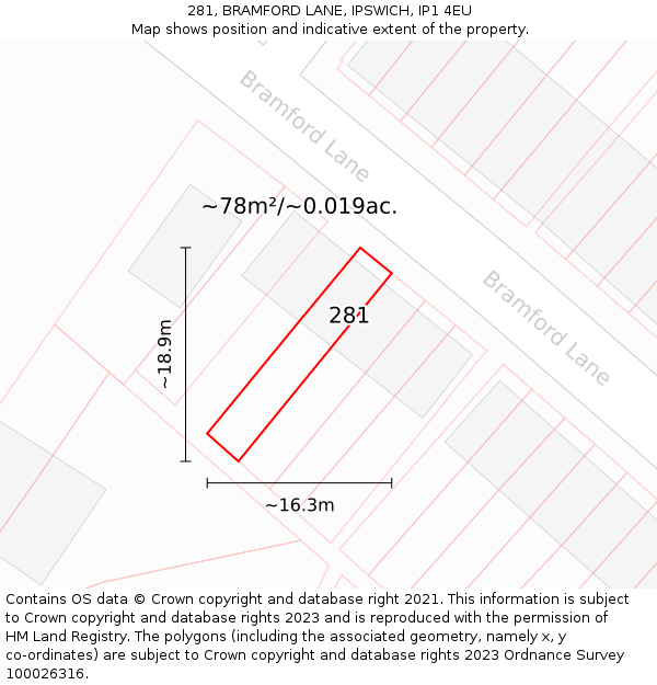 281, BRAMFORD LANE, IPSWICH, IP1 4EU: Plot and title map