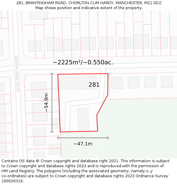 281, BRANTINGHAM ROAD, CHORLTON CUM HARDY, MANCHESTER, M21 0DZ: Plot and title map