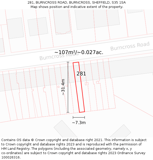 281, BURNCROSS ROAD, BURNCROSS, SHEFFIELD, S35 1SA: Plot and title map