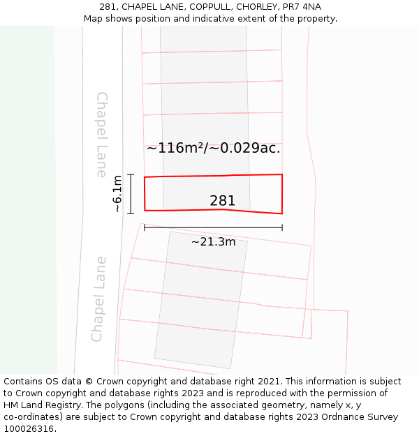 281, CHAPEL LANE, COPPULL, CHORLEY, PR7 4NA: Plot and title map