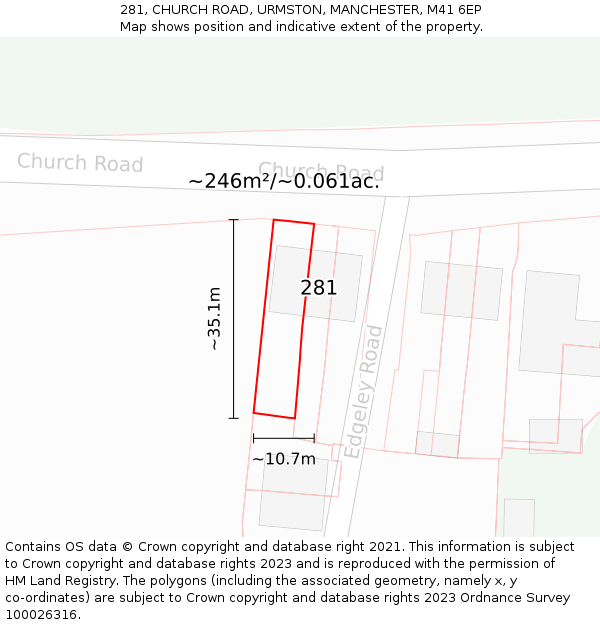 281, CHURCH ROAD, URMSTON, MANCHESTER, M41 6EP: Plot and title map