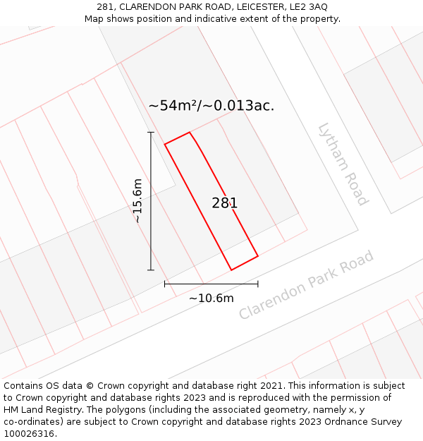 281, CLARENDON PARK ROAD, LEICESTER, LE2 3AQ: Plot and title map