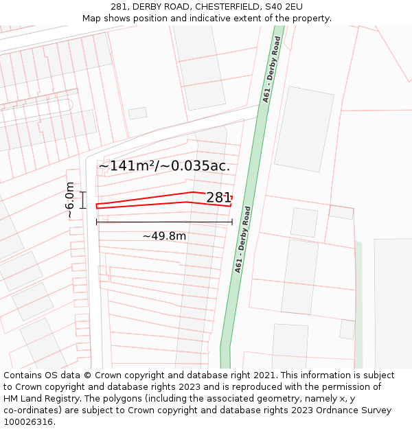 281, DERBY ROAD, CHESTERFIELD, S40 2EU: Plot and title map