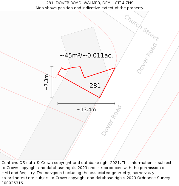 281, DOVER ROAD, WALMER, DEAL, CT14 7NS: Plot and title map