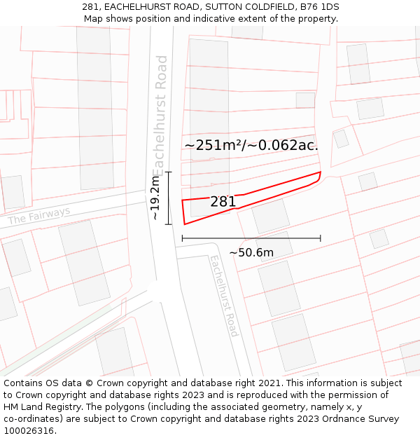 281, EACHELHURST ROAD, SUTTON COLDFIELD, B76 1DS: Plot and title map
