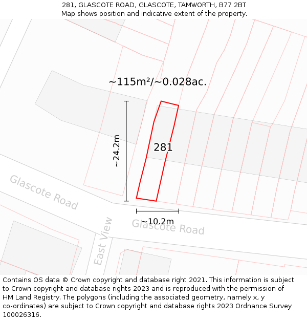 281, GLASCOTE ROAD, GLASCOTE, TAMWORTH, B77 2BT: Plot and title map