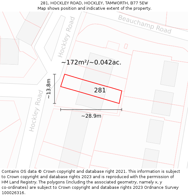 281, HOCKLEY ROAD, HOCKLEY, TAMWORTH, B77 5EW: Plot and title map