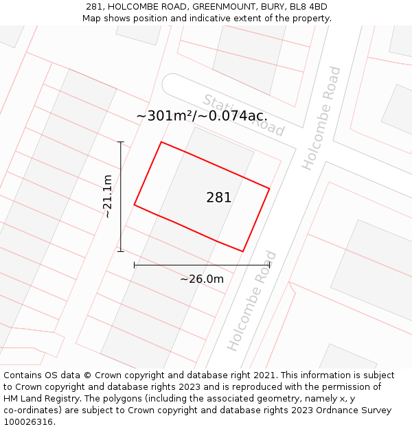 281, HOLCOMBE ROAD, GREENMOUNT, BURY, BL8 4BD: Plot and title map