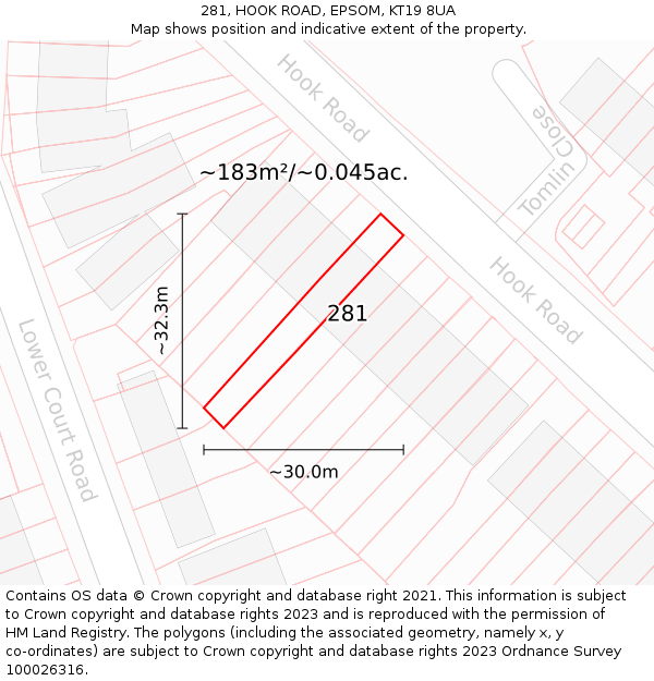 281, HOOK ROAD, EPSOM, KT19 8UA: Plot and title map