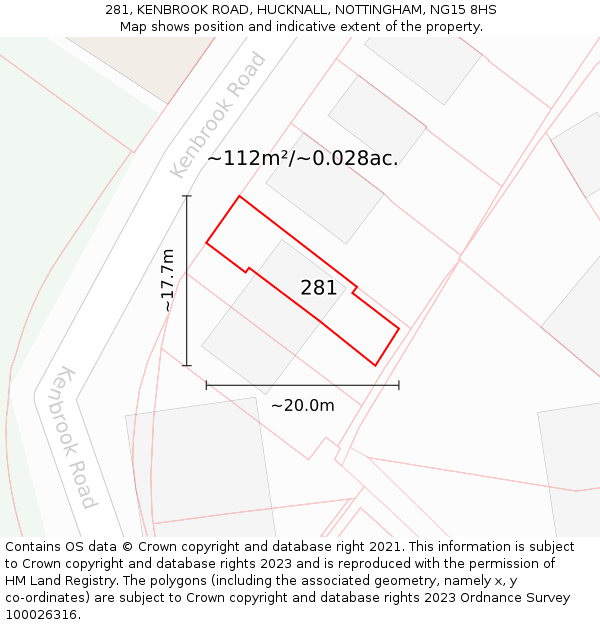 281, KENBROOK ROAD, HUCKNALL, NOTTINGHAM, NG15 8HS: Plot and title map