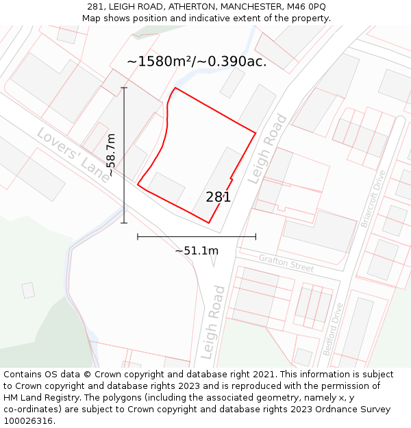 281, LEIGH ROAD, ATHERTON, MANCHESTER, M46 0PQ: Plot and title map