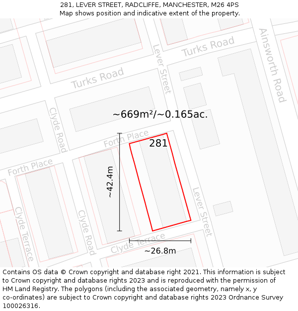 281, LEVER STREET, RADCLIFFE, MANCHESTER, M26 4PS: Plot and title map