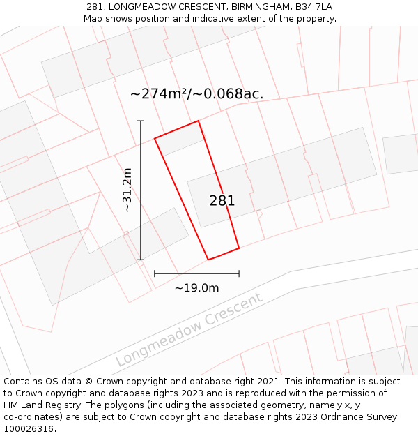 281, LONGMEADOW CRESCENT, BIRMINGHAM, B34 7LA: Plot and title map