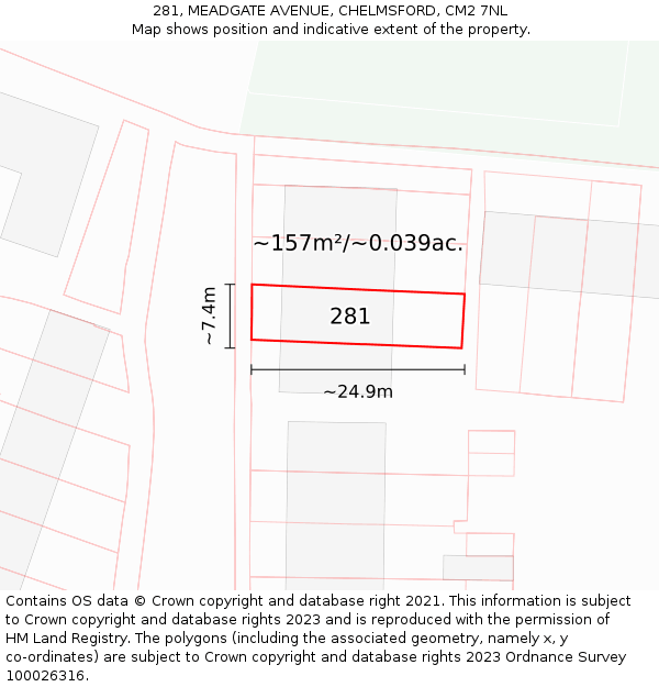 281, MEADGATE AVENUE, CHELMSFORD, CM2 7NL: Plot and title map
