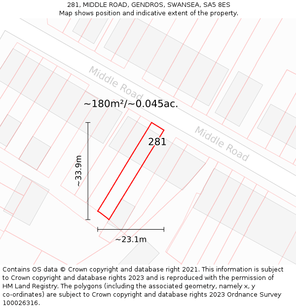 281, MIDDLE ROAD, GENDROS, SWANSEA, SA5 8ES: Plot and title map