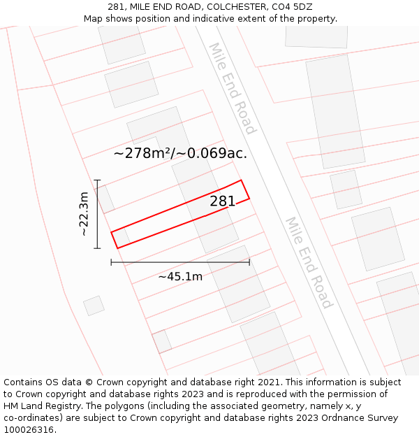 281, MILE END ROAD, COLCHESTER, CO4 5DZ: Plot and title map