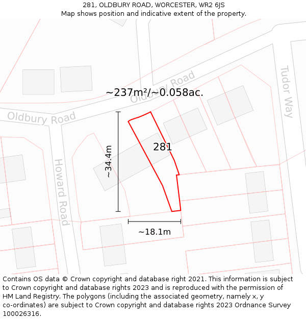 281, OLDBURY ROAD, WORCESTER, WR2 6JS: Plot and title map