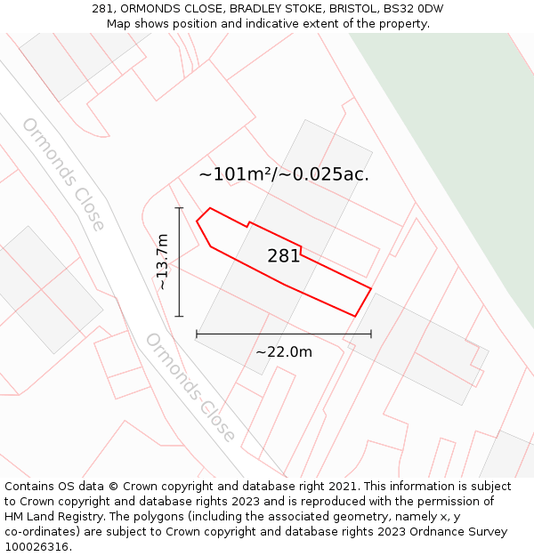 281, ORMONDS CLOSE, BRADLEY STOKE, BRISTOL, BS32 0DW: Plot and title map