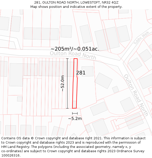 281, OULTON ROAD NORTH, LOWESTOFT, NR32 4QZ: Plot and title map