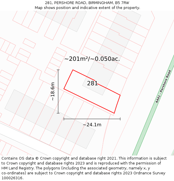 281, PERSHORE ROAD, BIRMINGHAM, B5 7RW: Plot and title map