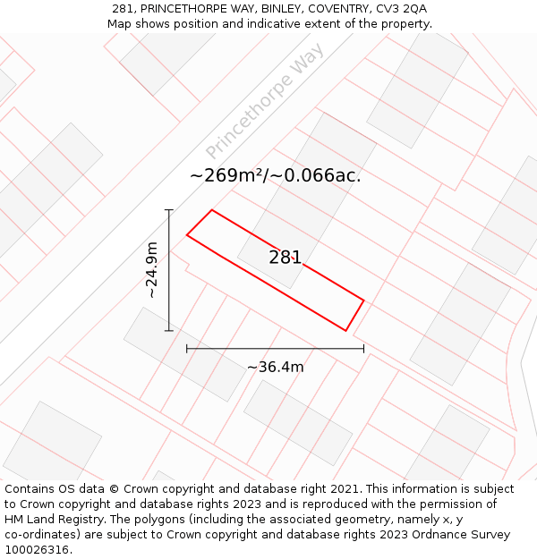 281, PRINCETHORPE WAY, BINLEY, COVENTRY, CV3 2QA: Plot and title map