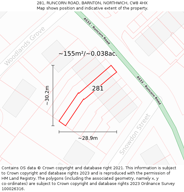 281, RUNCORN ROAD, BARNTON, NORTHWICH, CW8 4HX: Plot and title map