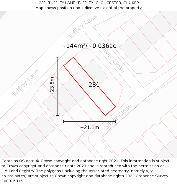 281, TUFFLEY LANE, TUFFLEY, GLOUCESTER, GL4 0RP: Plot and title map