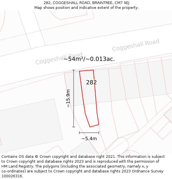 282, COGGESHALL ROAD, BRAINTREE, CM7 9EJ: Plot and title map