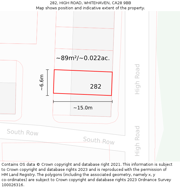 282, HIGH ROAD, WHITEHAVEN, CA28 9BB: Plot and title map