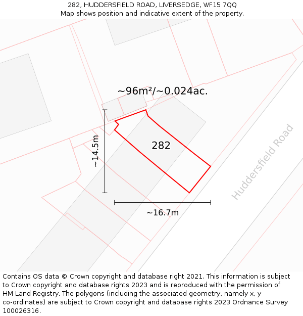 282, HUDDERSFIELD ROAD, LIVERSEDGE, WF15 7QQ: Plot and title map