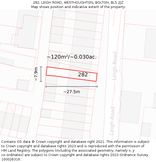 282, LEIGH ROAD, WESTHOUGHTON, BOLTON, BL5 2JZ: Plot and title map