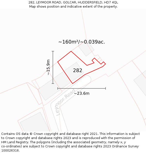282, LEYMOOR ROAD, GOLCAR, HUDDERSFIELD, HD7 4QL: Plot and title map