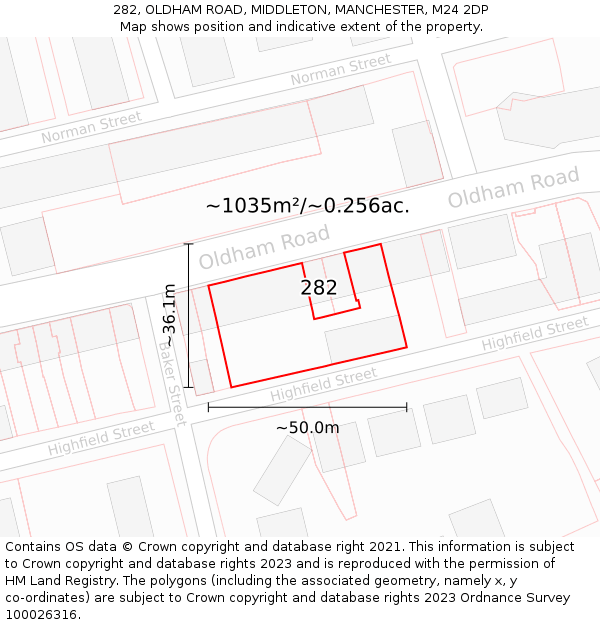 282, OLDHAM ROAD, MIDDLETON, MANCHESTER, M24 2DP: Plot and title map