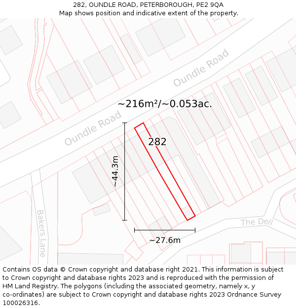 282, OUNDLE ROAD, PETERBOROUGH, PE2 9QA: Plot and title map