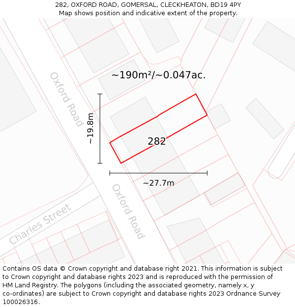 282, OXFORD ROAD, GOMERSAL, CLECKHEATON, BD19 4PY: Plot and title map