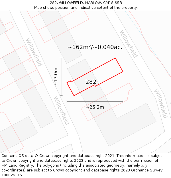 282, WILLOWFIELD, HARLOW, CM18 6SB: Plot and title map