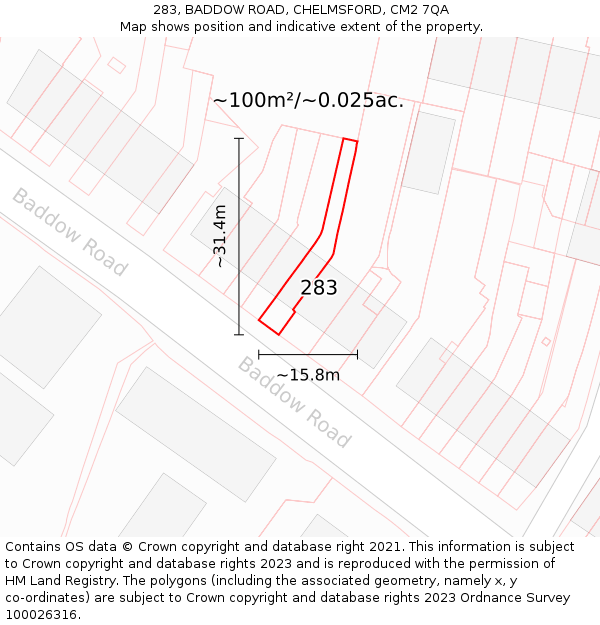 283, BADDOW ROAD, CHELMSFORD, CM2 7QA: Plot and title map