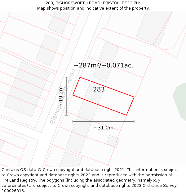 283, BISHOPSWORTH ROAD, BRISTOL, BS13 7LN: Plot and title map