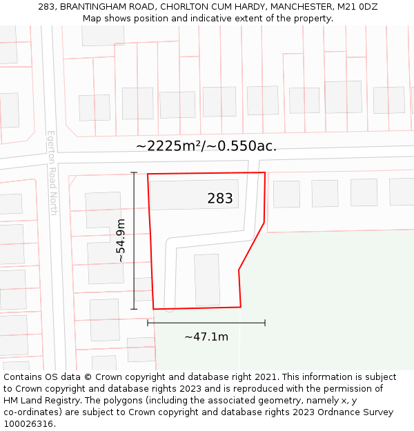 283, BRANTINGHAM ROAD, CHORLTON CUM HARDY, MANCHESTER, M21 0DZ: Plot and title map