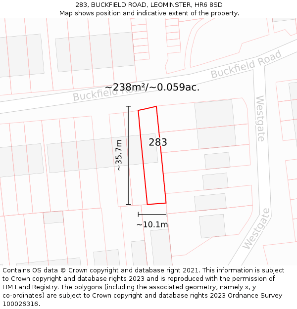 283, BUCKFIELD ROAD, LEOMINSTER, HR6 8SD: Plot and title map