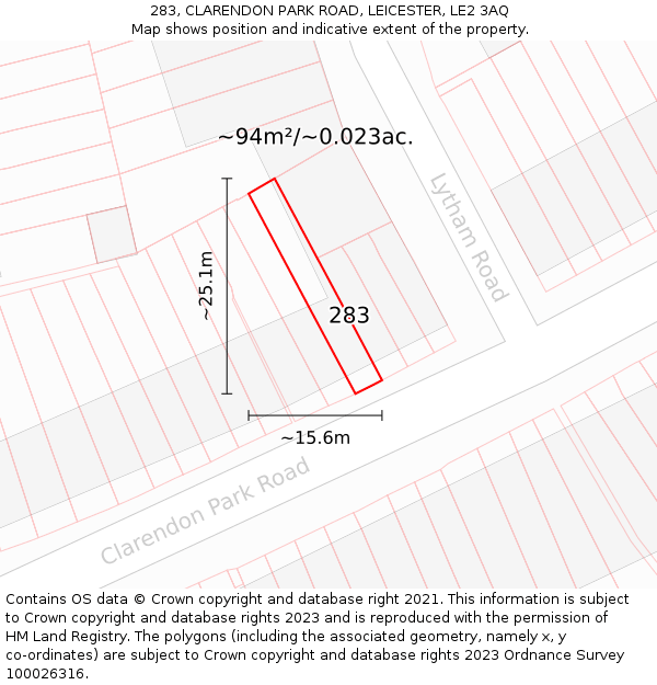 283, CLARENDON PARK ROAD, LEICESTER, LE2 3AQ: Plot and title map