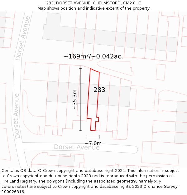 283, DORSET AVENUE, CHELMSFORD, CM2 8HB: Plot and title map