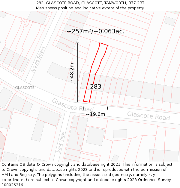 283, GLASCOTE ROAD, GLASCOTE, TAMWORTH, B77 2BT: Plot and title map