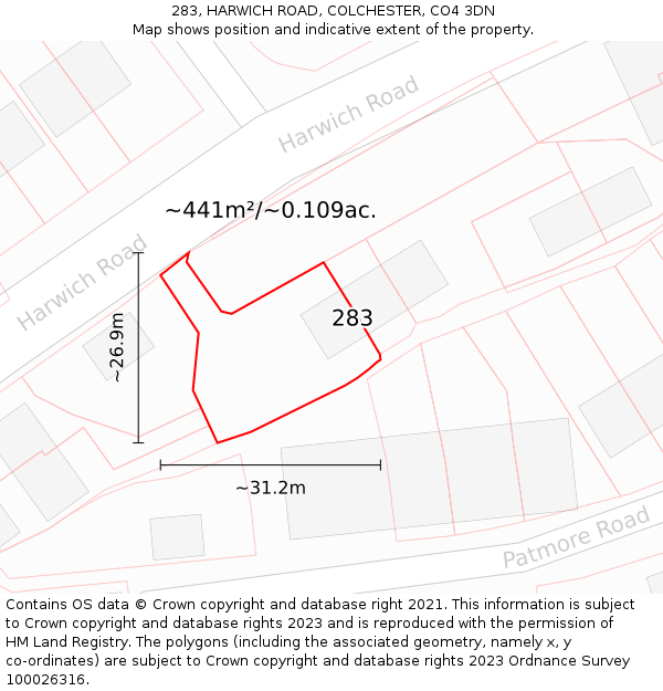 283, HARWICH ROAD, COLCHESTER, CO4 3DN: Plot and title map