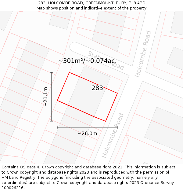 283, HOLCOMBE ROAD, GREENMOUNT, BURY, BL8 4BD: Plot and title map
