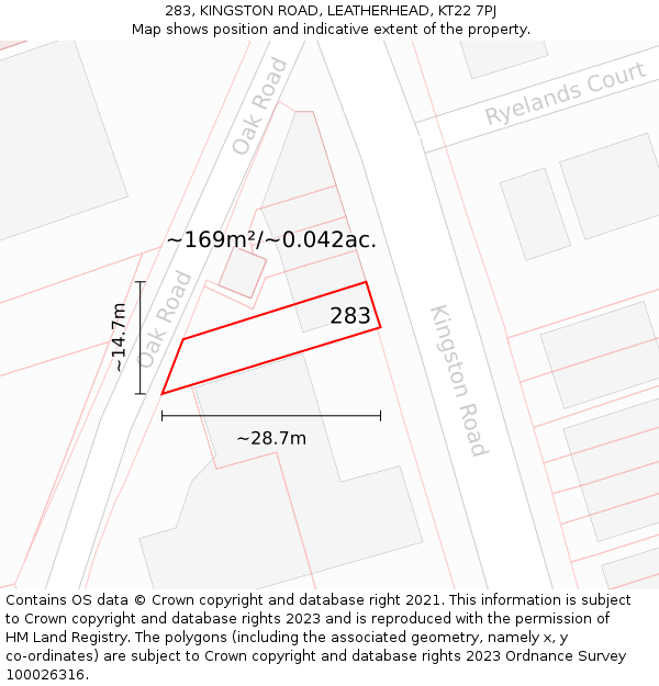 283, KINGSTON ROAD, LEATHERHEAD, KT22 7PJ: Plot and title map