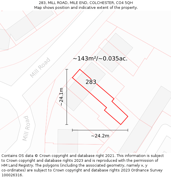 283, MILL ROAD, MILE END, COLCHESTER, CO4 5QH: Plot and title map